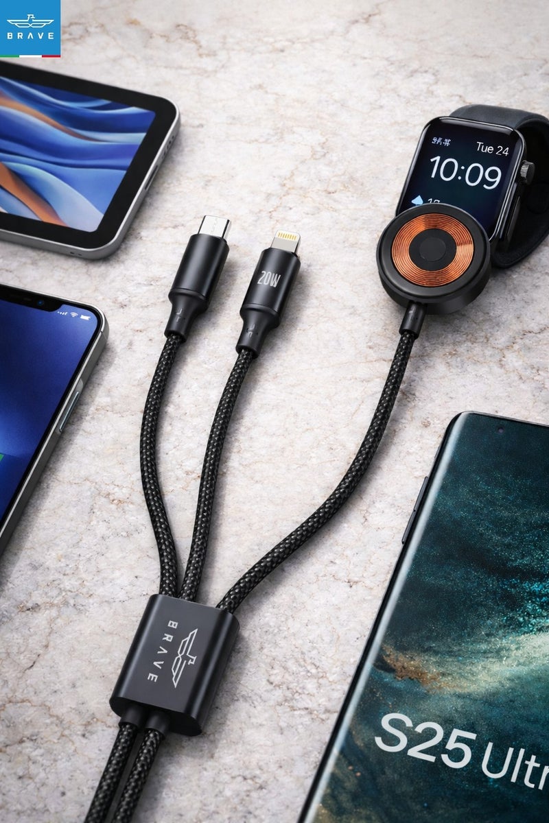 بريف 100W 3-in-1 Fast Charging Cable for Apple & Android Devices – USB-C to USB-C, 20W Type-C to Lightning & 2.5W Wireless Apple Watch Charger, Nylon Braided 1.2m, High-Speed 480Mbps Data Sync – Compatible with iPhone 17 / 17 Pro / 17 Pro Max, iPhone 16 / 15 / 15 Pro / 15 Pro Max / 14 / 14 Pro / 14 Pro Max / 14 Plus / 13 / 13 Pro / 13 Pro Max / 13 Mini / 12 / 12 Pro / 12 Pro Max / iPhone Air, iPad Pro / Air / Mini, MacBook, Apple Watch Series 11-6 / SE, Samsung Galaxy S25 / S24 / S23 / S22 Ultra / S22 / S21 / S20 Series, Note 20 Ultra, and most Android devices – Durable, Fast, Portable Cable – Black - Image 1
